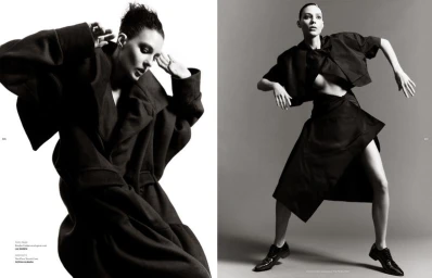 Monochrome fashion editorial spread featuring model Kati Nescher wearing dark sculptural garments.