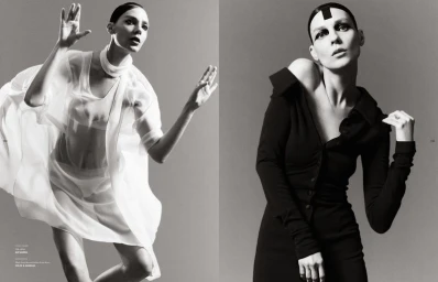 Model Kati Nescher in a white sheer garment on the left and a black buttoned dress on the right against a grey seamless background