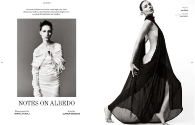 Black-and-white editorial spread featuring a model in a dark flowing gown and a portrait in a white dress for Notes On Albedo.