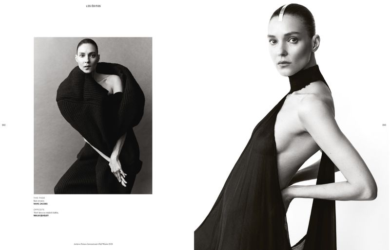Monochrome fashion spread featuring model Kati Nescher wearing sculptural dark garments against a plain white background.