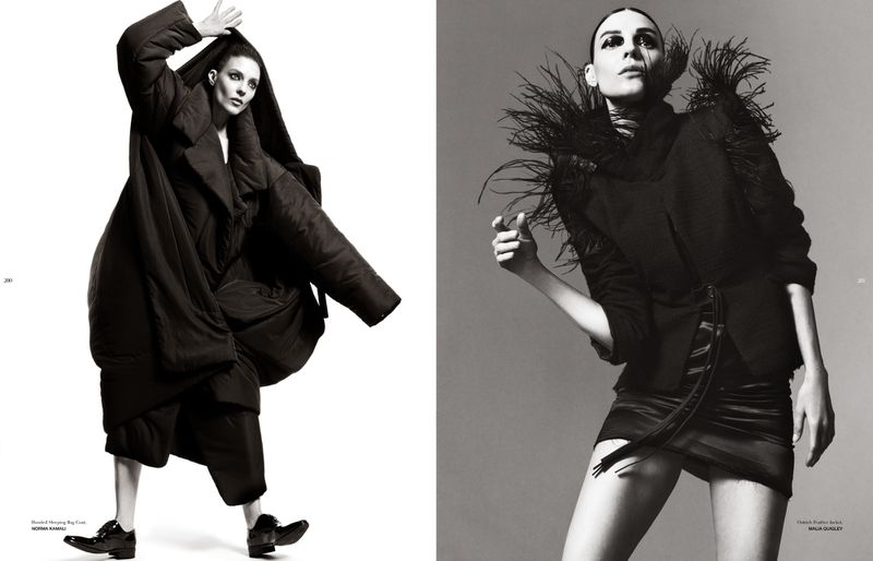 Monochrome fashion spread showing a model in a dark voluminous coat and a second shot in a feather-trimmed jacket