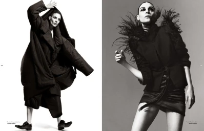 Monochrome fashion spread showing a model in a dark voluminous coat and a second shot in a feather-trimmed jacket