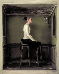 Gigi Hadid seated on a wooden stool inside a dark green room holding cutlery against the wall for WSJ Magazine Queen of Couture.