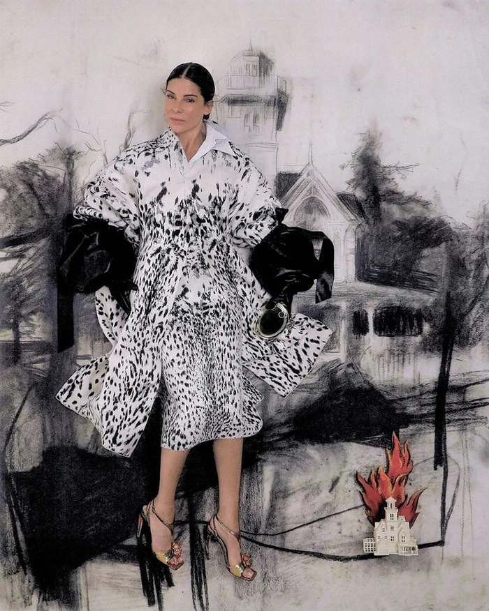 Sandra Bullock wearing a black and white patterned coat against a sketched backdrop for Interview Magazine