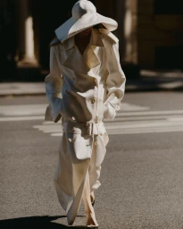 Model wearing a wide-brimmed white hat and matching long belted coat walking on a sunny urban street.