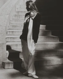 Model standing on stone steps wearing a dark top, white trousers, and a long white scarf, captured in harsh sunlight.