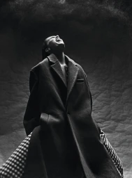 Model wearing a dark wool coat and checkered skirt tilting her head back dramatically against a textured dark background.
