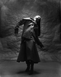 Model in grey wool coat and skirt posing against a textured dark background for Harper's Bazaar Germany