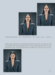 Editorial layout featuring three framed portraits of a woman in a grey blazer against a textured dark background for Harper's Bazaar Germany