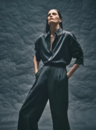 Model standing against a dark textured backdrop wearing a dark grey silk shirt and matching trousers for Harper's Bazaar Germany.