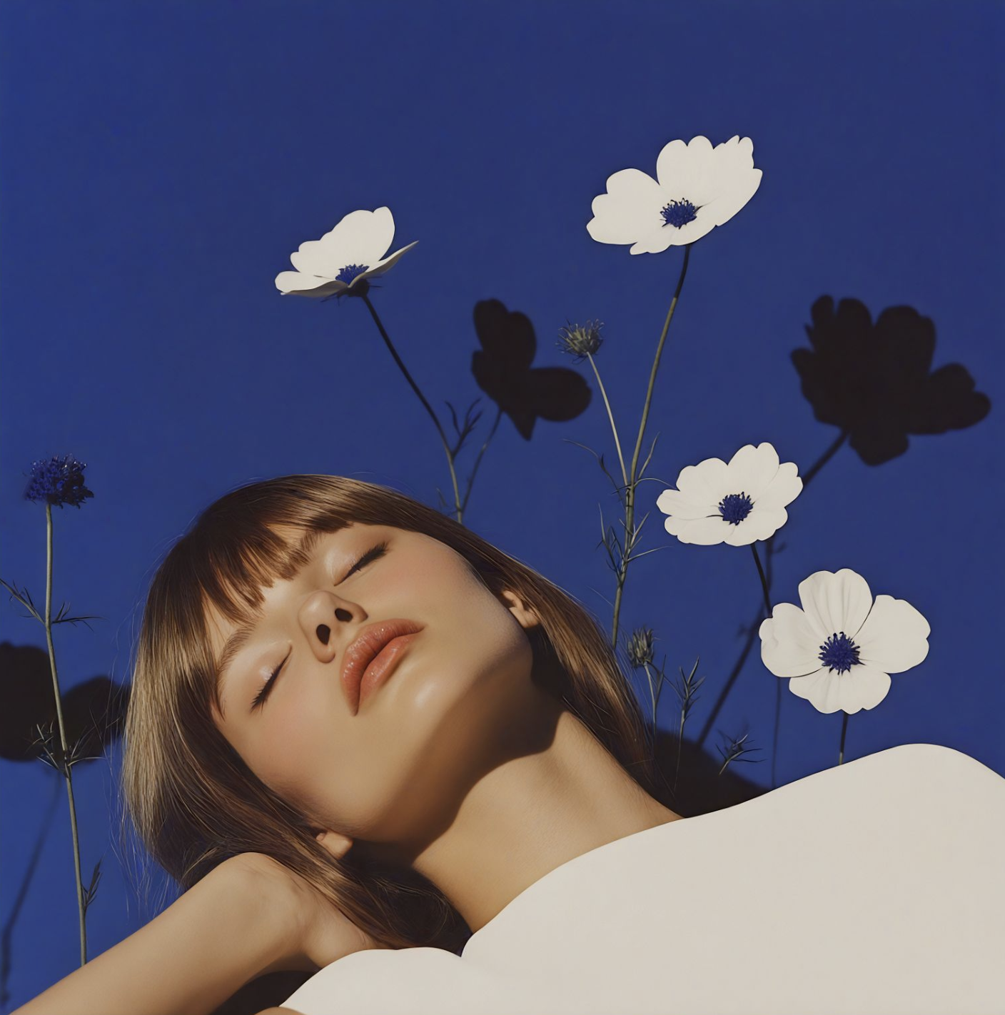 A woman with closed eyes and bangs lies next to white cosmos flowers in a dreamy aesthetic photo against a blue backdrop.