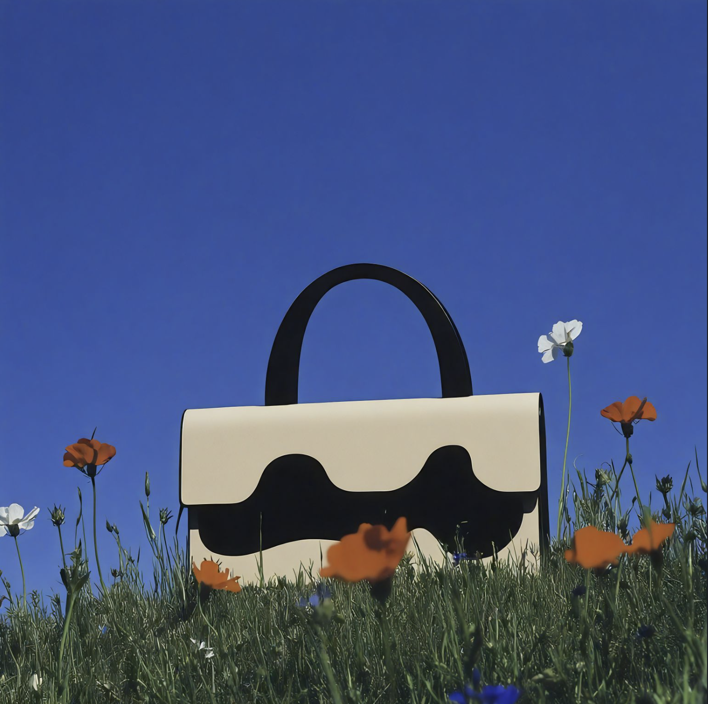 Beige purse with a black wave design and black handle sits in a green meadow with colorful flowers against a vibrant blue sky.