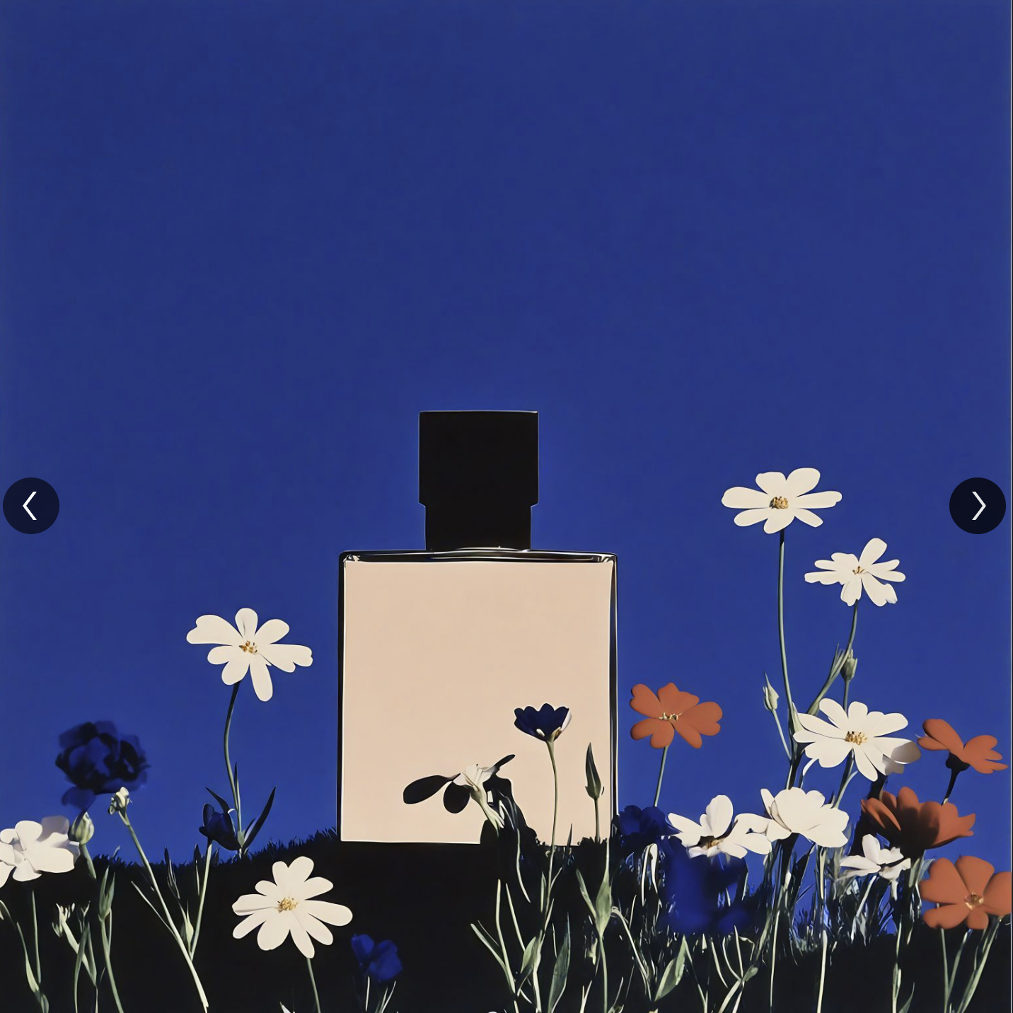 Still life shot of perfume bottle set against a blue backdrop with white and red flowers. Perfume bottle is at center.