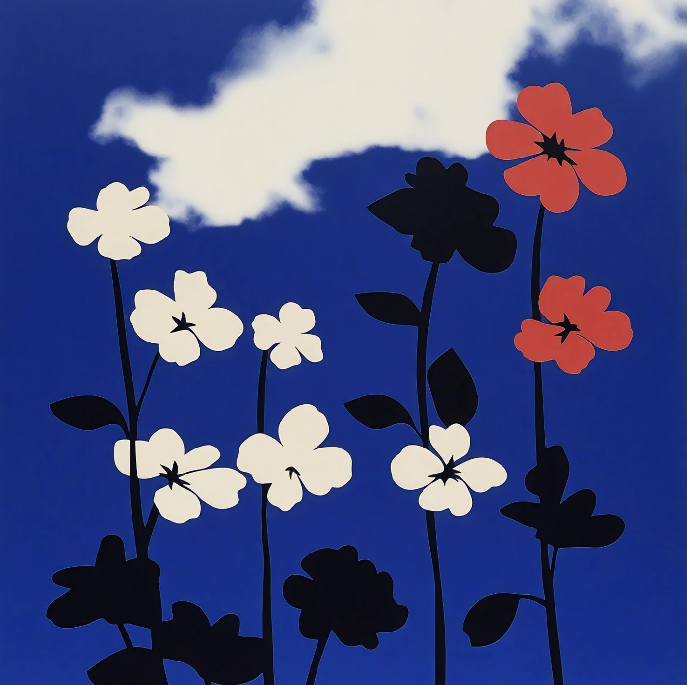 Graphic illustration of white and red flowers with black stems against a vibrant blue sky with a white cloud