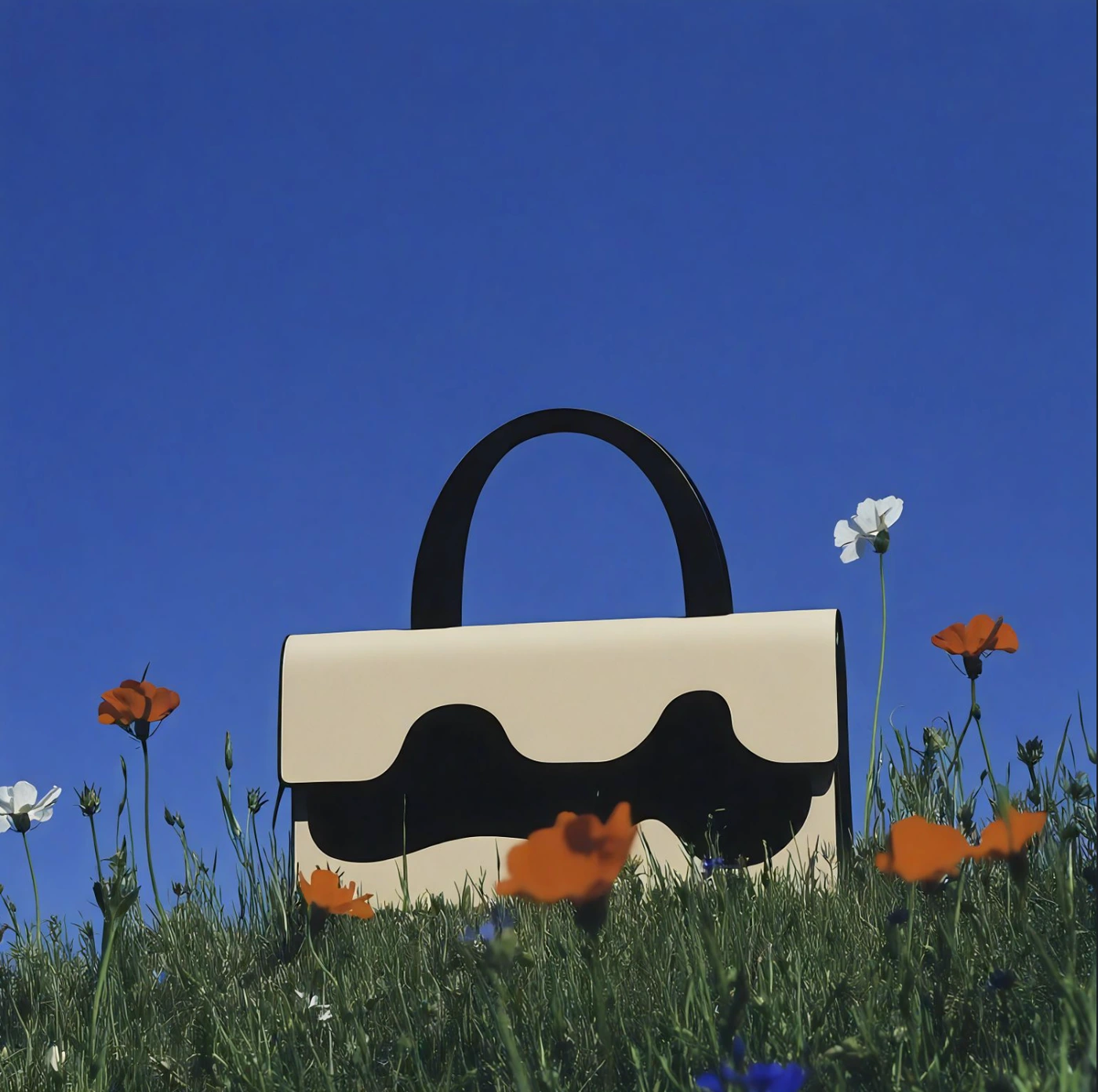 Cream and black handbag resting in a field of green grass and wildflowers against a clear blue sky.
