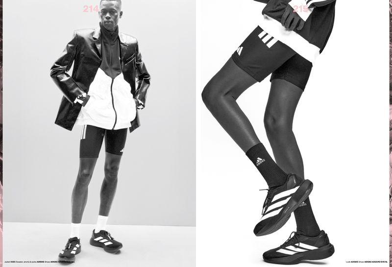Editorial fashion shot of a Black male model in Adidas sportswear and a leather jacket, black and white, with Adidas shoes visible.