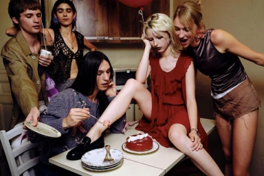 Group of models gathered around a table with a red cake for Hube Magazine Bubble project editorial