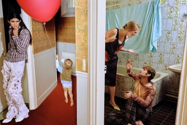 Group of four people in a domestic interior with a red balloon, shot by photographer Francesco Bonasia for Hube Magazine.