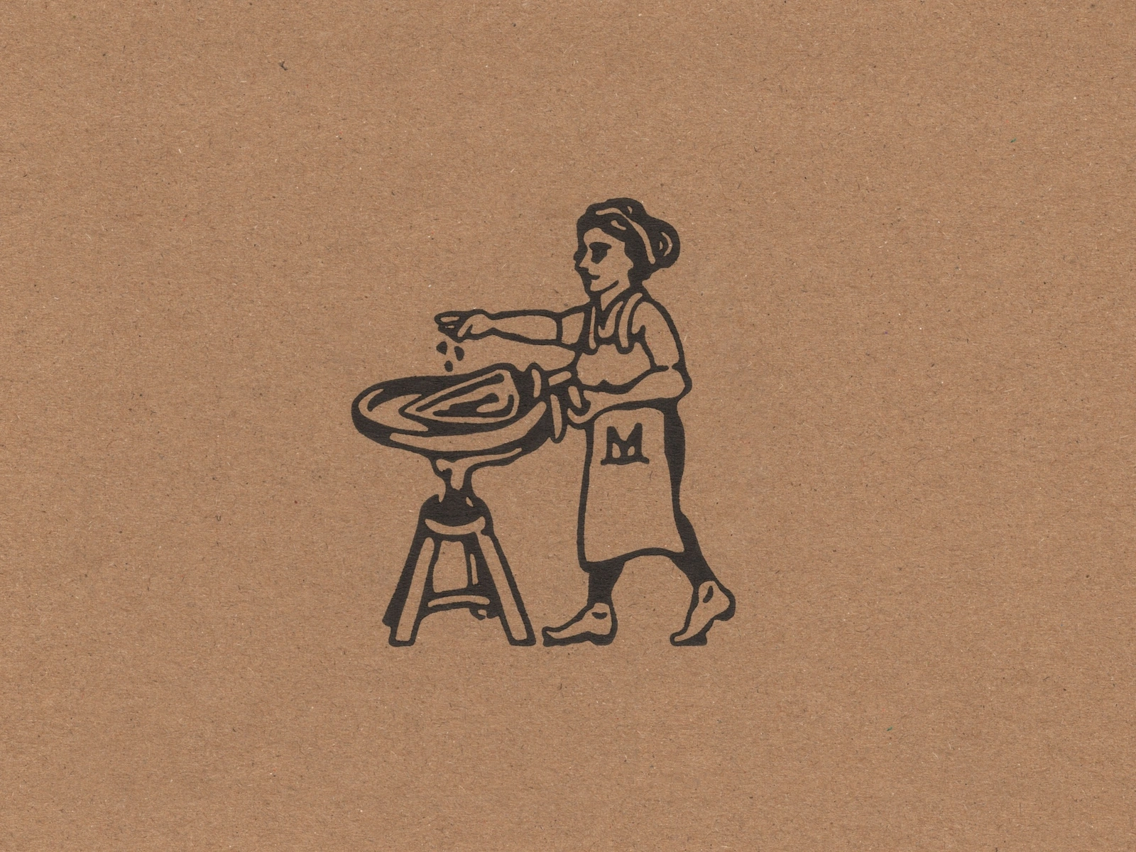 Black line illustration of a woman in an apron cooking at a stove on brown paper