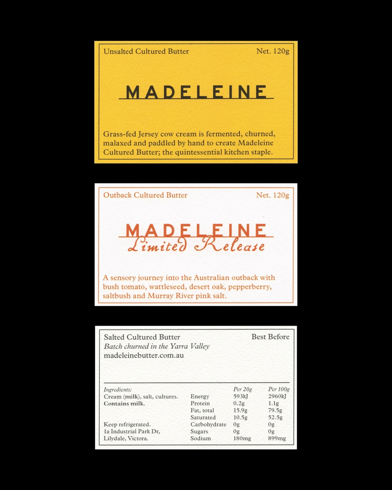 Three product packaging label designs for Madeleine butter featuring typography against a black background