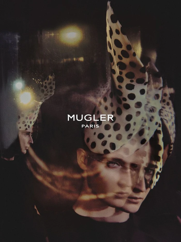 Model wearing a polka dot headpiece with Mugler branding in a multiple exposure fashion photograph