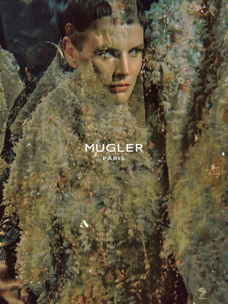 Model wearing textured textured garment in Mugler Spring Summer 2027 campaign shot by Elizaveta Porodina