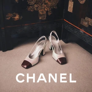 Two-tone slingback heels with dark brown cap toes displayed on carpet before an ornate black lacquered cabinet