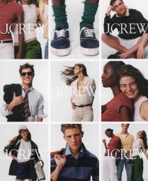A multi-panel fashion campaign collage featuring models wearing casual apparel for J. Crew against a white background.