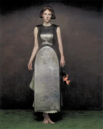 Hunter Schafer standing against a dark textured background wearing a metallic panel dress and holding a shoe