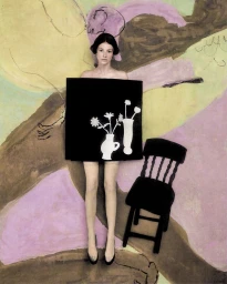 Hunter Schafer holding a black floral artwork panel in front of her torso against an expressive painted backdrop.
