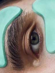 Close-up portrait of an eye with green patches under the brow and on the cheek for Elle Bulgaria by Olga Rubio Dalmau