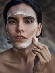 Close-up portrait of model Polina Park applying white cream to her face with a makeup sponge for Elle Bulgaria