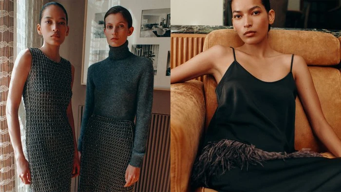 Two female models posing in knitwear apparel alongside a seated model in a black slip dress for Fabiana Filippi