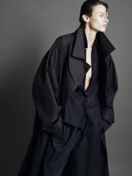Model wearing dark oversized trench coat and trousers against a neutral grey studio backdrop for Kallmeyer