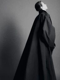 Model in a black coat with slicked-back hair posing against a neutral grey studio backdrop