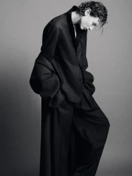 Model in black tailored coat and trousers against a grey studio backdrop captured by Su Mustecaplioglu for Kallmeyer.
