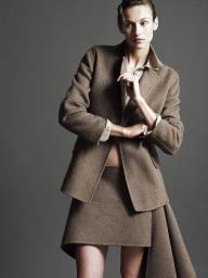 Model wearing a structured brown wool blazer and matching skirt against a grey background for Kallmeyer.