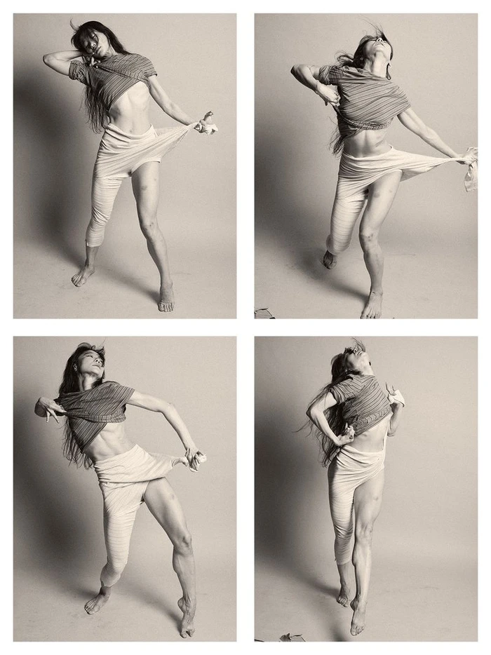 Four-panel image of a woman in a striped top and fitted trousers posing dynamically against a grey studio backdrop.