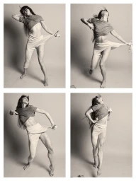 Four-panel image of a woman in a striped top and fitted trousers posing dynamically against a grey studio backdrop.
