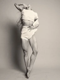Model in white t shirt and white shorts posing dynamically against a neutral grey seamless background.