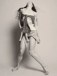 Woman in layered striped knitwear posing dynamically with head tilted back against a plain studio background.