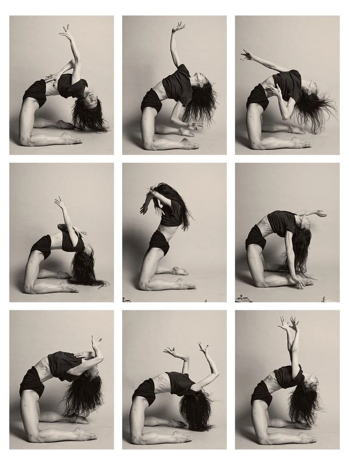 A multi-panel image showing a female model in black shorts and a t-shirt performing a dynamic backbend pose against a neutral background.