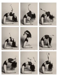 A multi-panel image showing a female model in black shorts and a t-shirt performing a dynamic backbend pose against a neutral background.