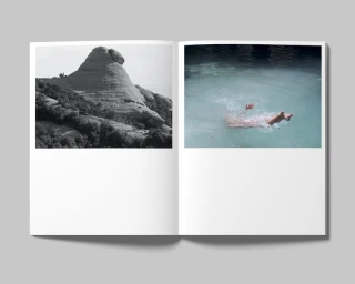 Open magazine spread showing a black and white mountain photo and a colour pool photo by Pegah Farahmand