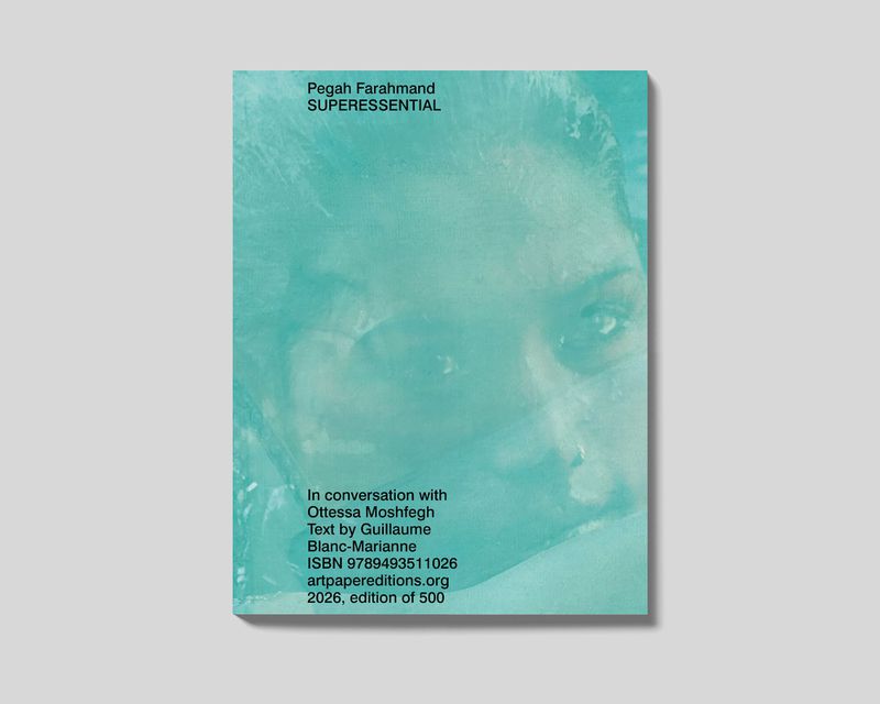 Book cover for SUPERESSENTIAL by Pegah Farahmand featuring a turquoise portrait graphic with overlaid black typography on a grey background