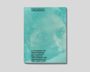 Book cover for SUPERESSENTIAL by Pegah Farahmand featuring a turquoise portrait graphic with overlaid black typography on a grey background