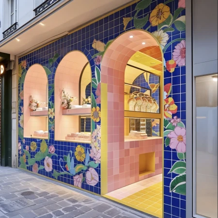 Eye-level shot of a bakery storefront with arched windows, pink and blue tiled walls, shelves of bread, and a gray stone sidewalk.