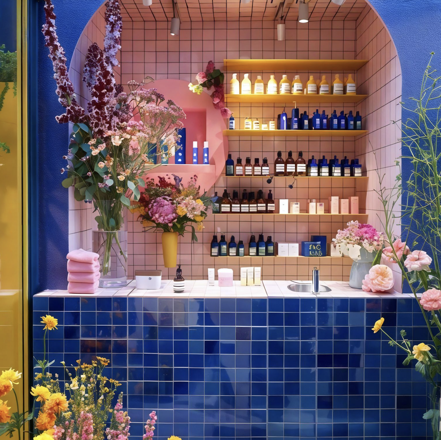 Interior of a beauty store with blue tiled counter and shelves stocked with bottled products, surrounded by colorful floral arrangements.