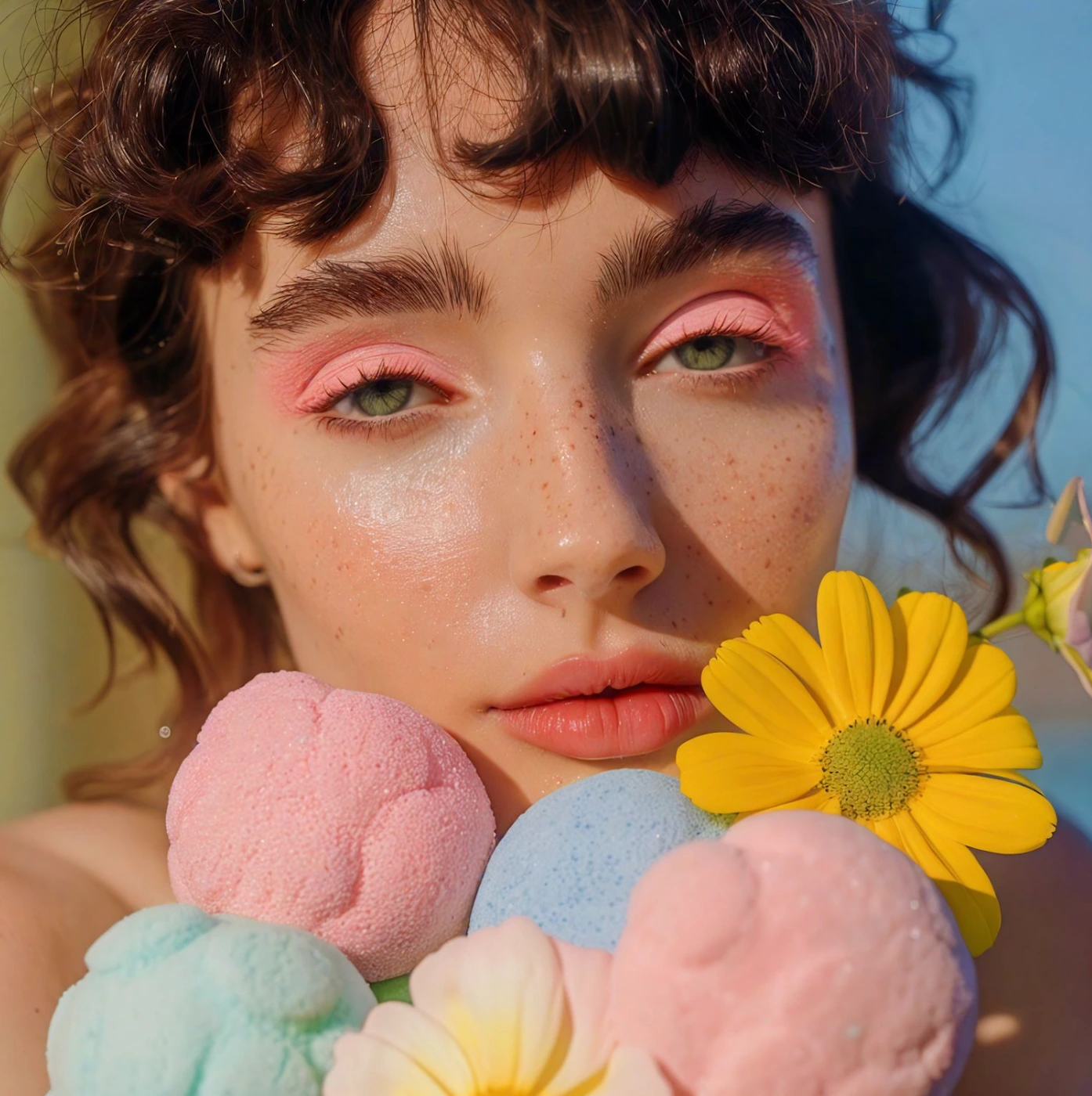 Close-up portrait of a young woman with pink eyeshadow, freckles, and dark curly hair, holding colourful bath bombs and yellow flowers.
