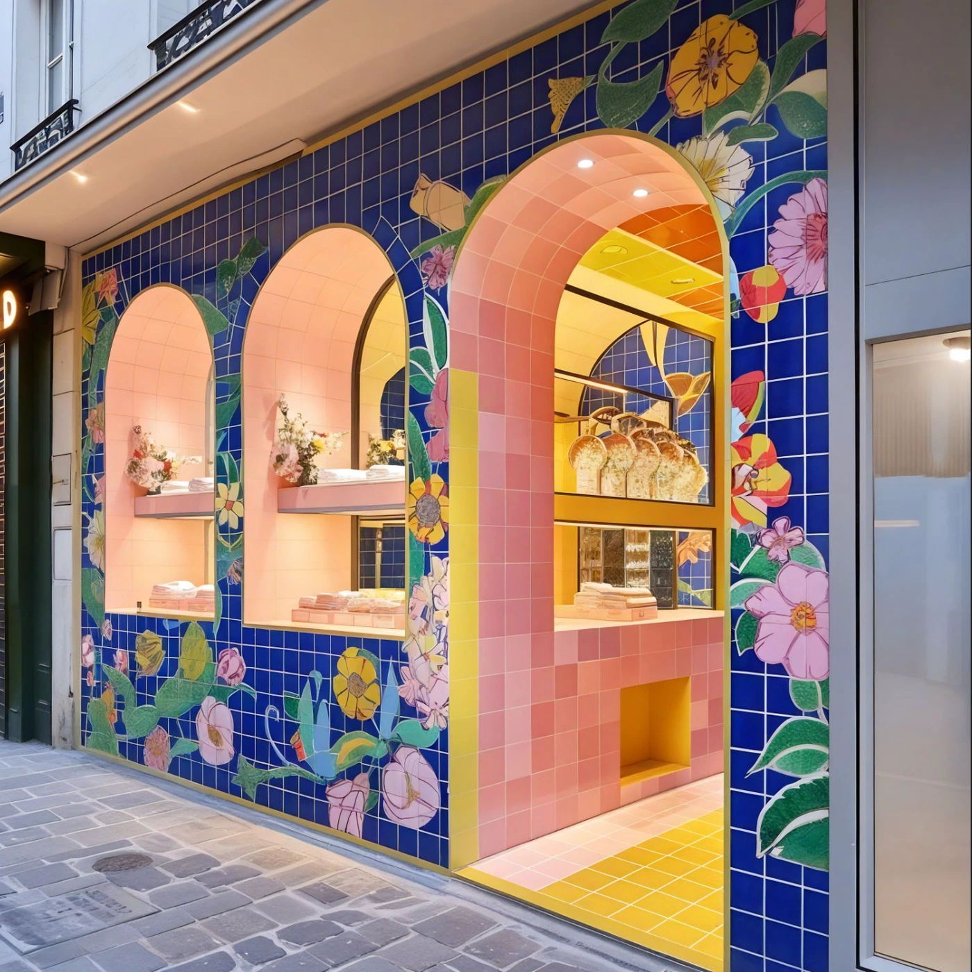 Colorful floral mosaic tile storefront with arched display windows and warm interior lighting